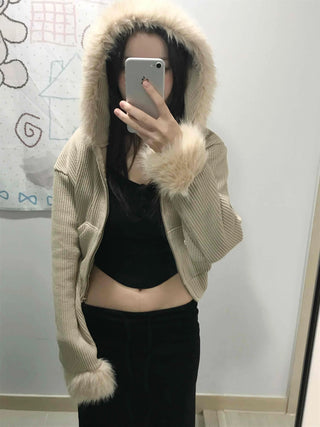 Striped Fur Contrast Loose Fit Zip-Up Hoodie