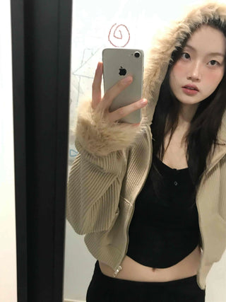 Striped Fur Contrast Loose Fit Zip-Up Hoodie