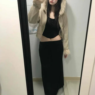 Striped Fur Contrast Loose Fit Zip-Up Hoodie