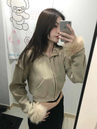 Striped Fur Contrast Loose Fit Zip-Up Hoodie