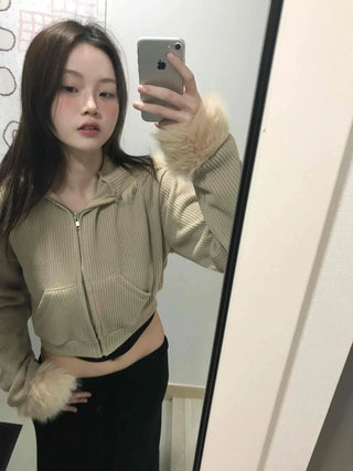 Striped Fur Contrast Loose Fit Zip-Up Hoodie
