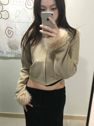 Striped Fur Contrast Loose Fit Zip-Up Hoodie