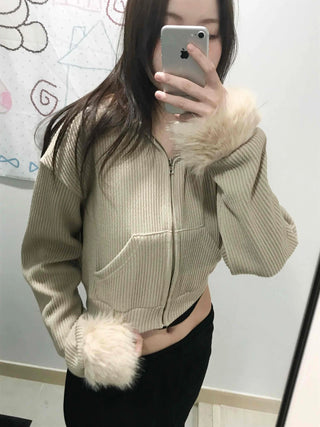Striped Fur Contrast Loose Fit Zip-Up Hoodie