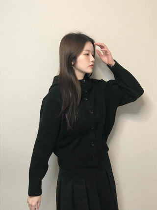 High-neck Cropped Short Button Knit Cardigan
