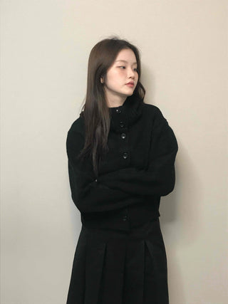 High-neck Cropped Short Button Knit Cardigan