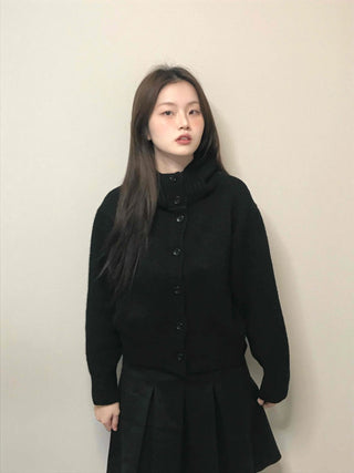 High-neck Cropped Short Button Knit Cardigan