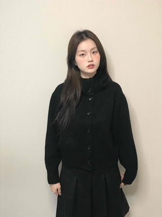 High-neck Cropped Short Button Knit Cardigan