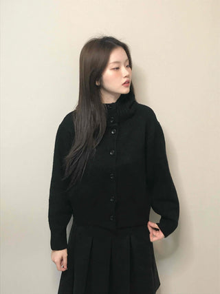 High-neck Cropped Short Button Knit Cardigan