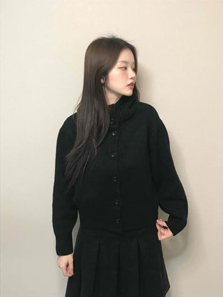 High-neck Cropped Short Button Knit Cardigan