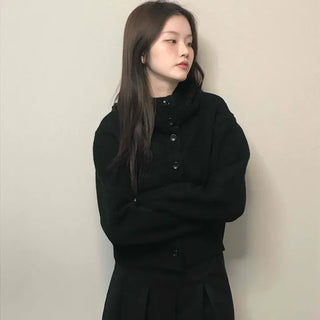 High-neck Cropped Short Button Knit Cardigan