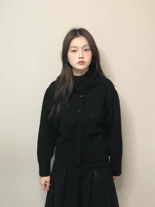 High-neck Cropped Short Button Knit Cardigan