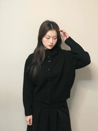 High-neck Cropped Short Button Knit Cardigan