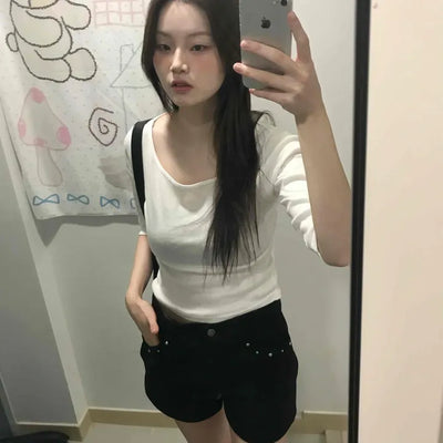 Slim Fit U-Neck Ribbed Long Sleeve Knit T-Shirt