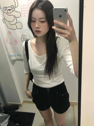 Slim Fit U-Neck Ribbed Long Sleeve Knit T-Shirt