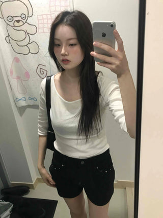 Slim Fit U-Neck Ribbed Long Sleeve Knit T-Shirt