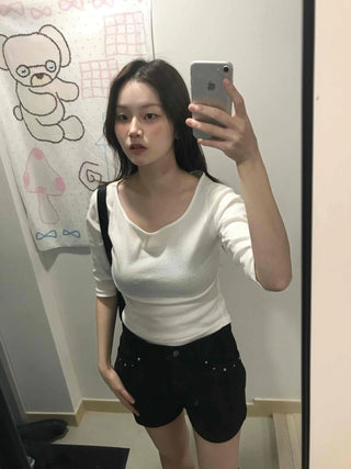 Slim Fit U-Neck Ribbed Long Sleeve Knit T-Shirt