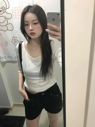 Slim Fit U-Neck Ribbed Long Sleeve Knit T-Shirt