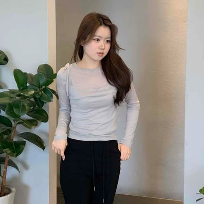 Simple See-through Layered Slim Fit Long Sleeve T-shirt