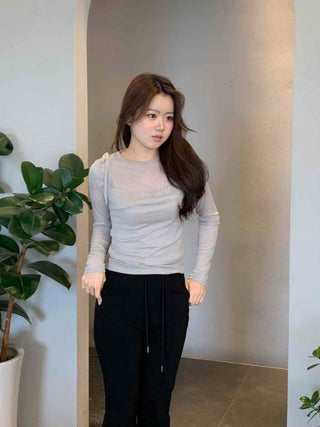Simple See-through Layered Slim Fit Long Sleeve T-shirt