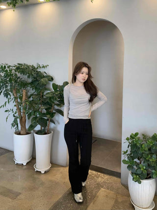 Simple See-through Layered Slim Fit Long Sleeve T-shirt