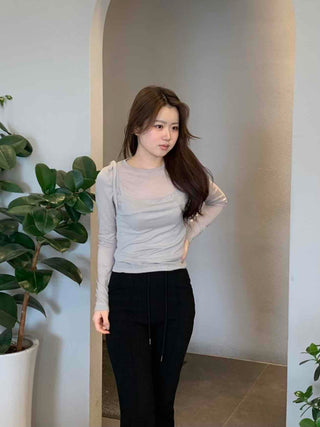 Simple See-through Layered Slim Fit Long Sleeve T-shirt