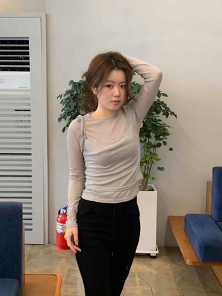 Simple See-through Layered Slim Fit Long Sleeve T-shirt
