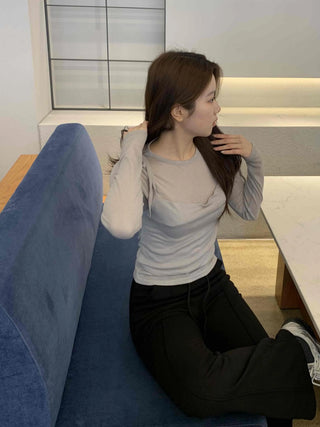 Simple See-through Layered Slim Fit Long Sleeve T-shirt