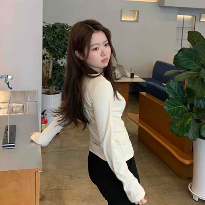Delicate Fit Puff Sleeve Slim Square Neck Long Sleeve T-shirt