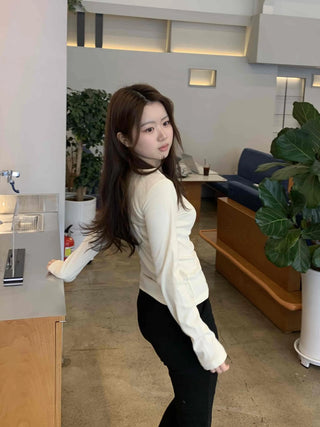 Delicate Fit Puff Sleeve Slim Square Neck Long Sleeve T-shirt