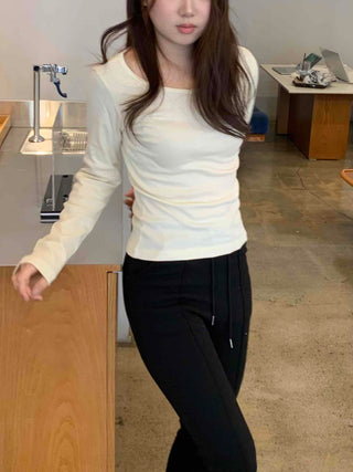 Delicate Fit Puff Sleeve Slim Square Neck Long Sleeve T-shirt