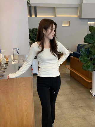 Delicate Fit Puff Sleeve Slim Square Neck Long Sleeve T-shirt