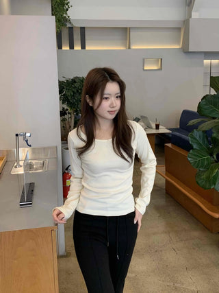 Delicate Fit Puff Sleeve Slim Square Neck Long Sleeve T-shirt