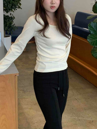 Delicate Fit Puff Sleeve Slim Square Neck Long Sleeve T-shirt