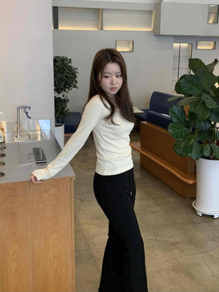 Delicate Fit Puff Sleeve Slim Square Neck Long Sleeve T-shirt