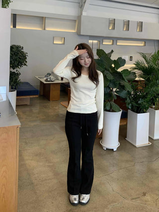 Delicate Fit Puff Sleeve Slim Square Neck Long Sleeve T-shirt