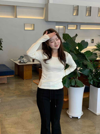 Delicate Fit Puff Sleeve Slim Square Neck Long Sleeve T-shirt