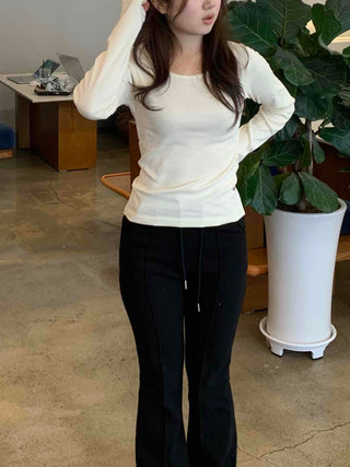 Delicate Fit Puff Sleeve Slim Square Neck Long Sleeve T-shirt