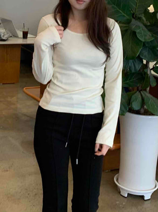 Delicate Fit Puff Sleeve Slim Square Neck Long Sleeve T-shirt