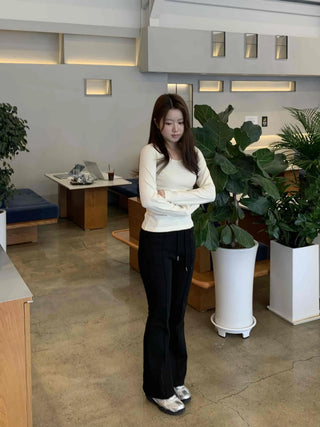 Delicate Fit Puff Sleeve Slim Square Neck Long Sleeve T-shirt