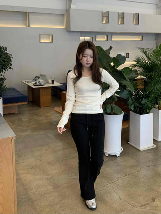 Delicate Fit Puff Sleeve Slim Square Neck Long Sleeve T-shirt