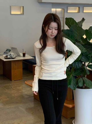 Delicate Fit Puff Sleeve Slim Square Neck Long Sleeve T-shirt
