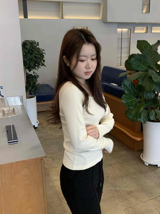 Delicate Fit Puff Sleeve Slim Square Neck Long Sleeve T-shirt