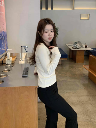 Delicate Fit Puff Sleeve Slim Square Neck Long Sleeve T-shirt