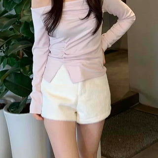 Delicate Fit Off-Shoulder Shirred Slim Long Sleeve T-shirt