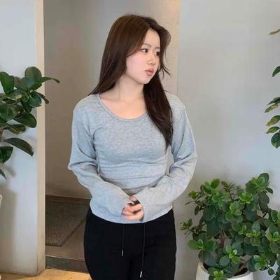 Slim Basic Round Neck Crop Long Sleeve Tee