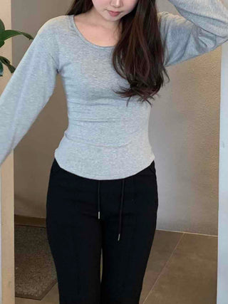 Slim Basic Round Neck Crop Long Sleeve Tee