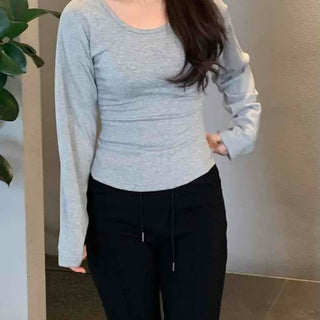 Slim Basic Round Neck Crop Long Sleeve Tee