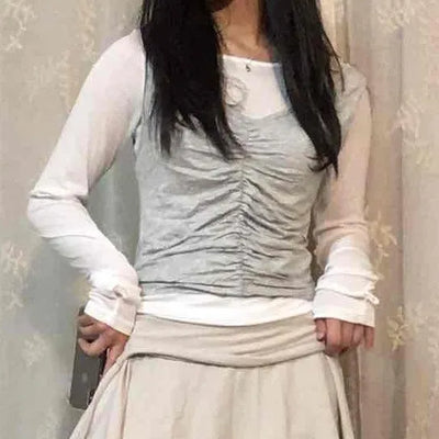 Center Shirred Layered Round Neck Long Sleeve T-shirt