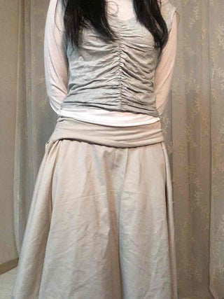 Center Shirred Layered Round Neck Long Sleeve T-shirt
