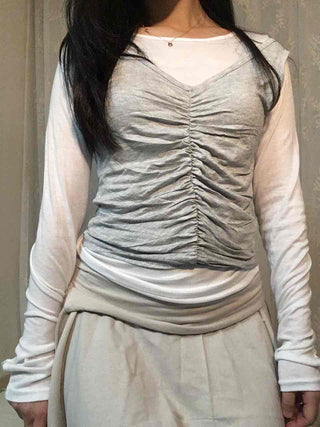 Center Shirred Layered Round Neck Long Sleeve T-shirt